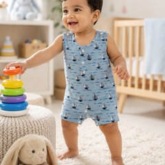 Blue Sail | Sleeveless | Unisex Romper Bodysuit | 100% Cotton Muslin for 0 to 2 Yrs