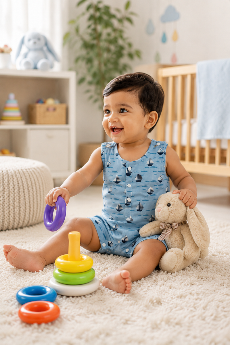 Blue Sail | Sleeveless | Unisex Romper Bodysuit | 100% Cotton Muslin for 0 to 2 Yrs