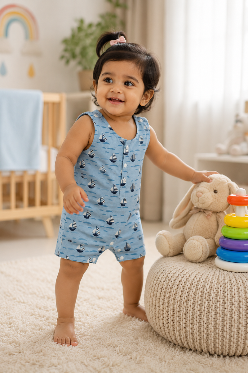 Blue Sail | Sleeveless | Unisex Romper Bodysuit | 100% Cotton Muslin for 0 to 2 Yrs