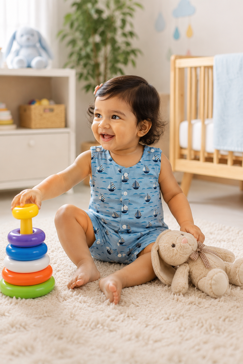 Blue Sail | Sleeveless | Unisex Romper Bodysuit | 100% Cotton Muslin for 0 to 2 Yrs
