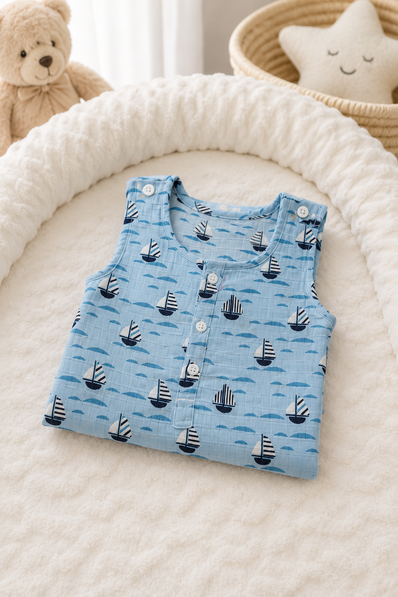 Blue Sail | Sleeveless | Unisex Romper Bodysuit | 100% Cotton Muslin for 0 to 2 Yrs