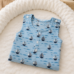 Blue Sail | Sleeveless | Unisex Romper Bodysuit | 100% Cotton Muslin for 0 to 2 Yrs