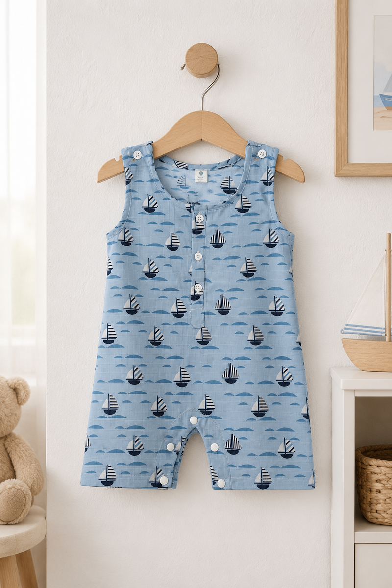 Blue Sail | Sleeveless | Unisex Romper Bodysuit | 100% Cotton Muslin for 0 to 2 Yrs