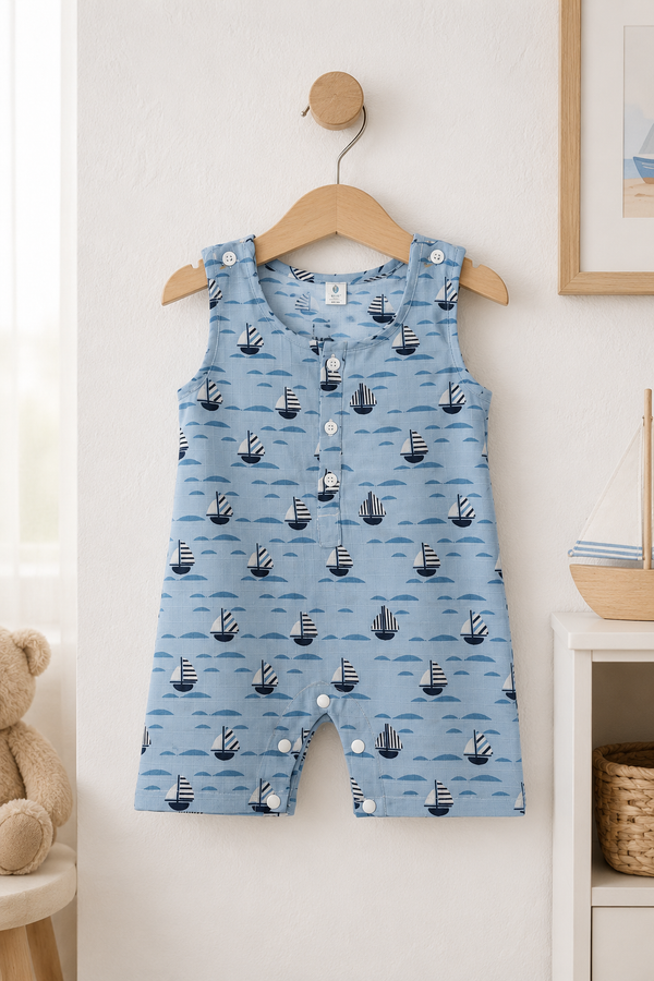 Blue Sail | Sleeveless | Unisex Romper Bodysuit | 100% Cotton Muslin for 0 to 2 Yrs