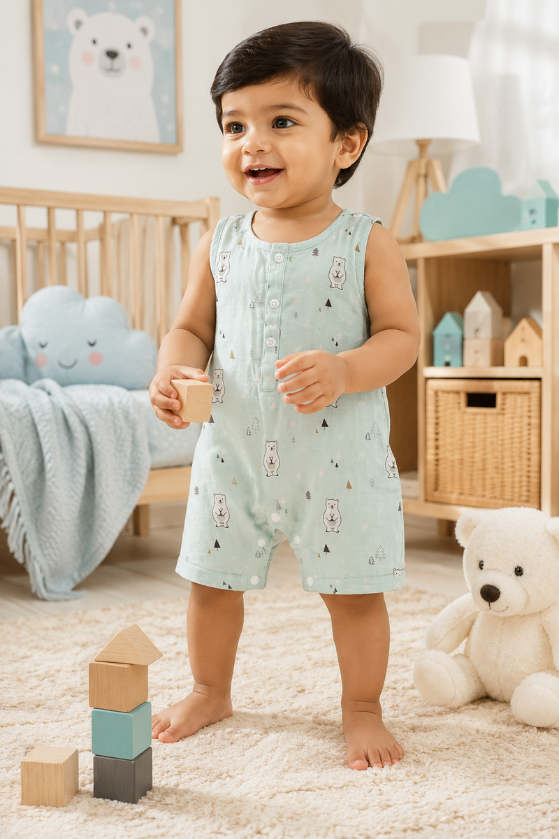 Blue Bear | Sleeveless | Unisex Romper Bodysuit | 100% Cotton Muslin for 0 to 2 Yrs