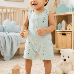 Blue Bear | Sleeveless | Unisex Romper Bodysuit | 100% Cotton Muslin for 0 to 2 Yrs