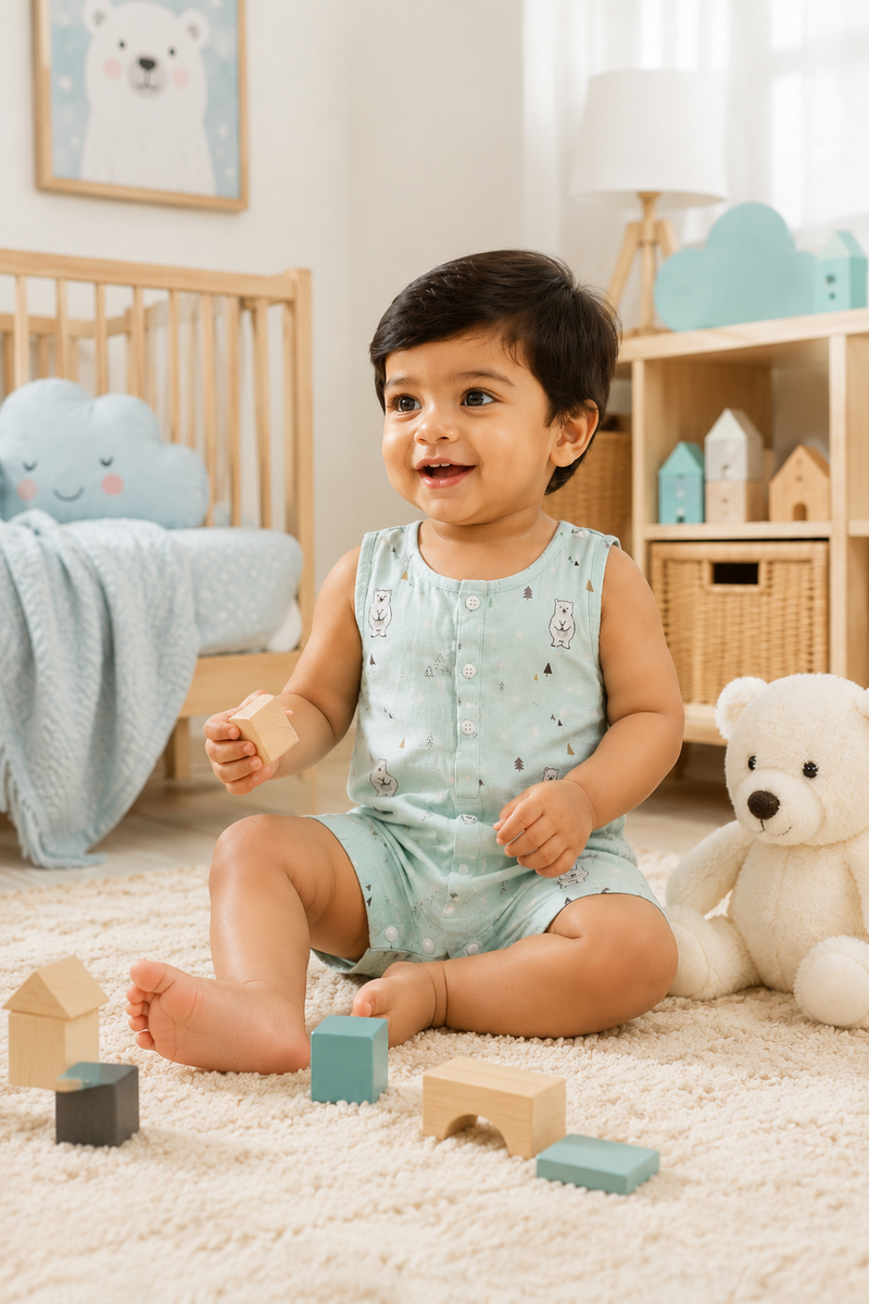 Blue Bear | Sleeveless | Unisex Romper Bodysuit | 100% Cotton Muslin for 0 to 2 Yrs