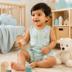 Blue Bear | Sleeveless | Unisex Romper Bodysuit | 100% Cotton Muslin for 0 to 2 Yrs