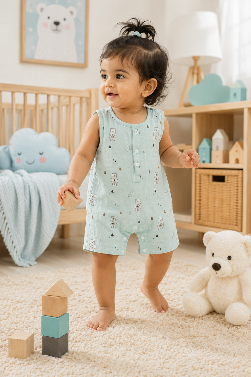 Blue Bear | Sleeveless | Unisex Romper Bodysuit | 100% Cotton Muslin for 0 to 2 Yrs