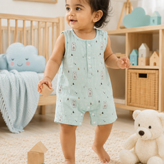 Blue Bear | Sleeveless | Unisex Romper Bodysuit | 100% Cotton Muslin for 0 to 2 Yrs