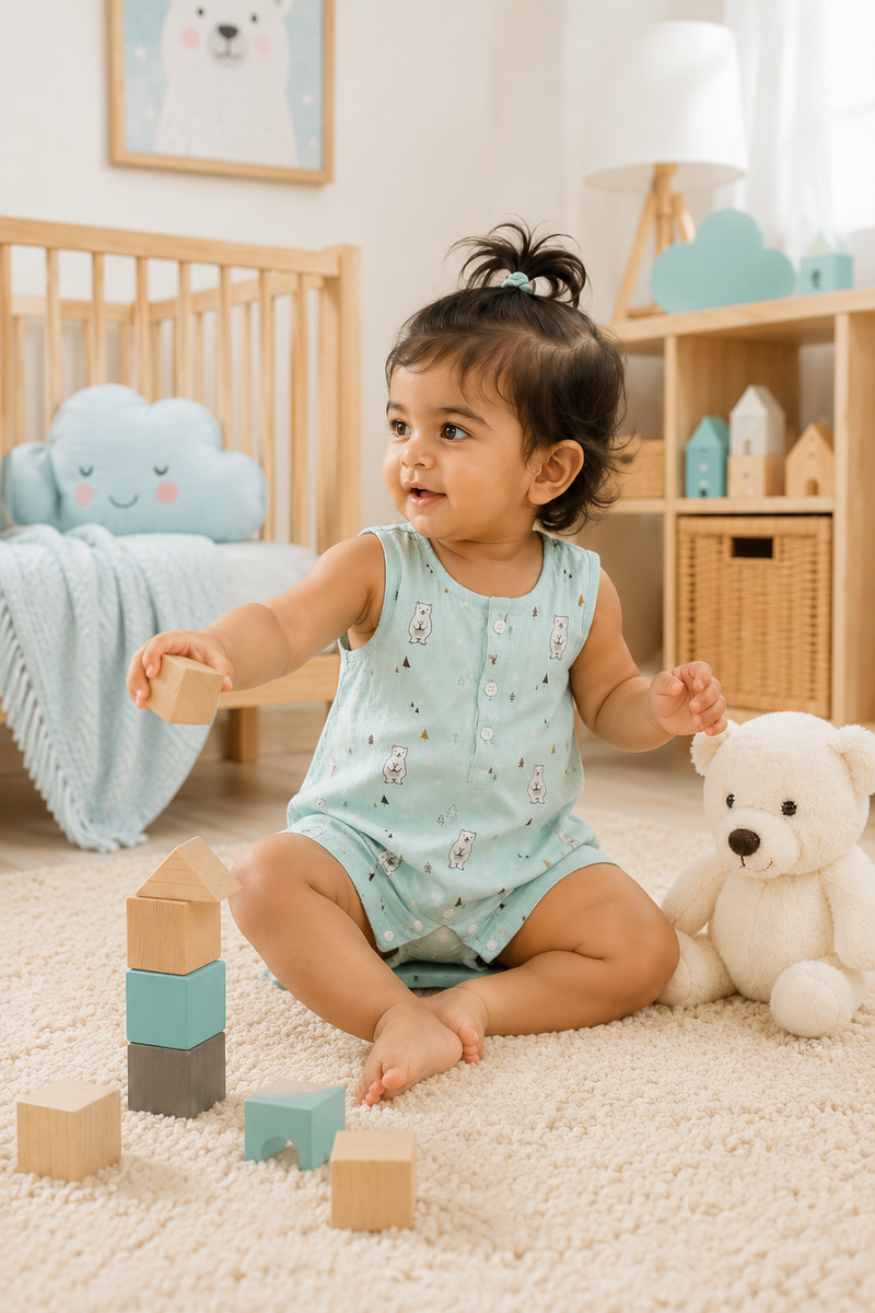 Blue Bear | Sleeveless | Unisex Romper Bodysuit | 100% Cotton Muslin for 0 to 2 Yrs