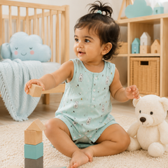 Blue Bear | Sleeveless | Unisex Romper Bodysuit | 100% Cotton Muslin for 0 to 2 Yrs
