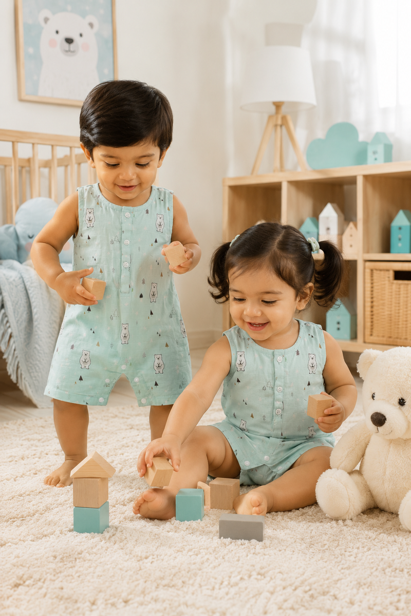 Blue Bear | Sleeveless | Unisex Romper Bodysuit | 100% Cotton Muslin for 0 to 2 Yrs