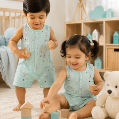 Blue Bear | Sleeveless | Unisex Romper Bodysuit | 100% Cotton Muslin for 0 to 2 Yrs