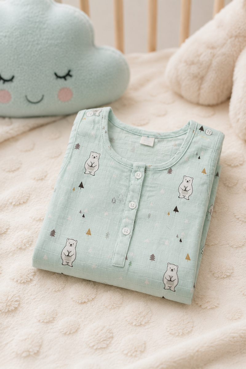 Blue Bear | Sleeveless | Unisex Romper Bodysuit | 100% Cotton Muslin for 0 to 2 Yrs