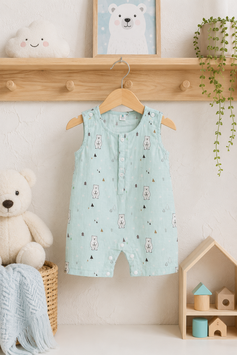Blue Bear | Sleeveless | Unisex Romper Bodysuit | 100% Cotton Muslin for 0 to 2 Yrs