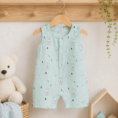 Blue Bear | Sleeveless | Unisex Romper Bodysuit | 100% Cotton Muslin for 0 to 2 Yrs