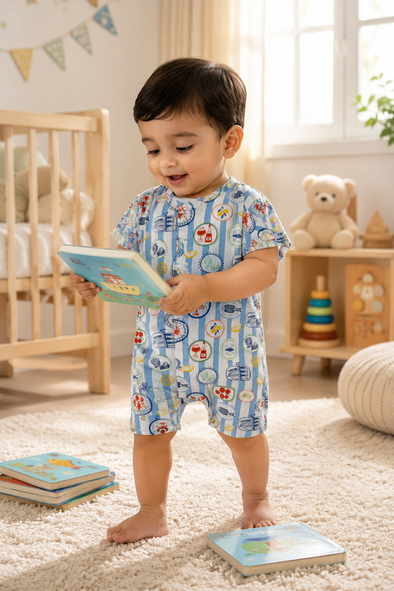 Coastal Picnic | Short Sleeves | Unisex Romper Bodysuit | 100% Cotton Muslin for 0 to 2 Yrs