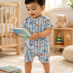 Coastal Picnic | Short Sleeves | Unisex Romper Bodysuit | 100% Cotton Muslin for 0 to 2 Yrs