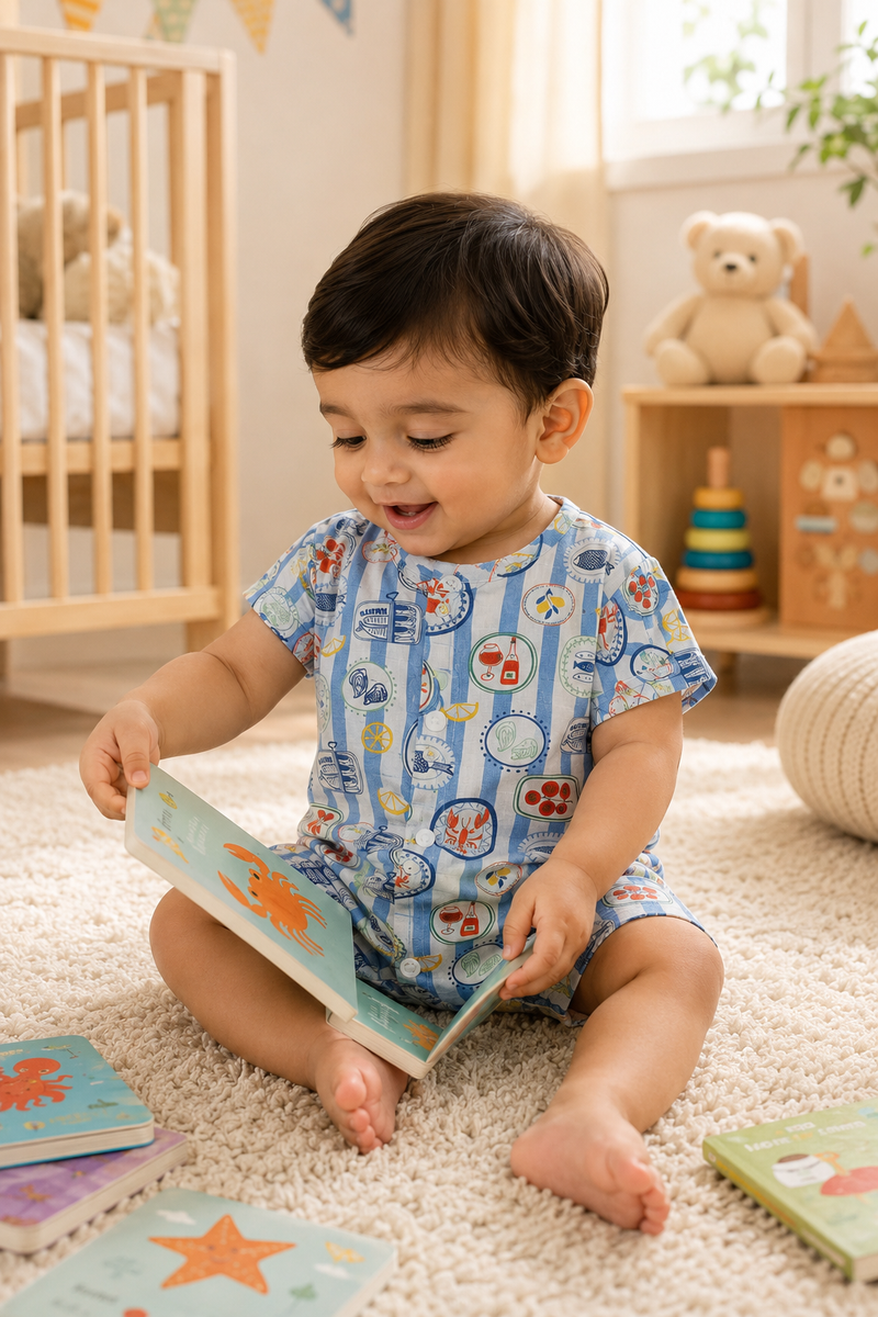 Coastal Picnic | Short Sleeves | Unisex Romper Bodysuit | 100% Cotton Muslin for 0 to 2 Yrs