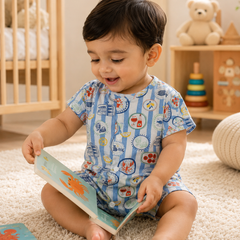 Coastal Picnic | Short Sleeves | Unisex Romper Bodysuit | 100% Cotton Muslin for 0 to 2 Yrs