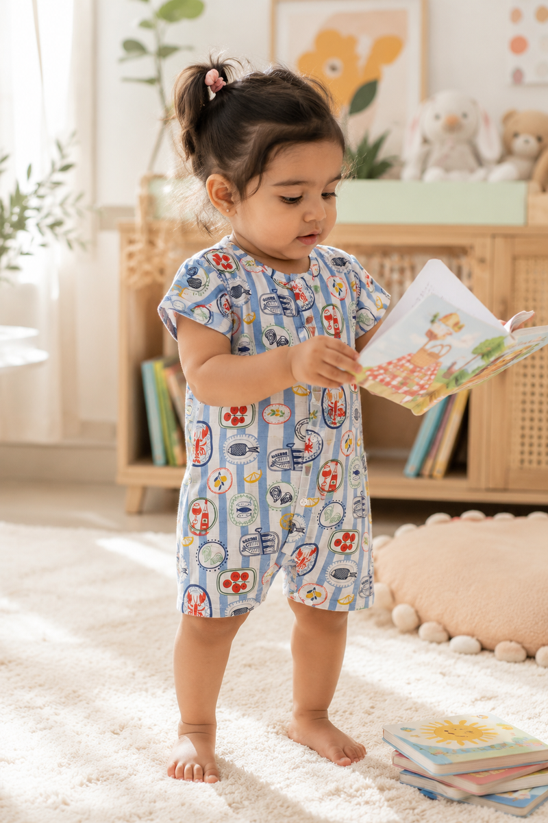 Coastal Picnic | Short Sleeves | Unisex Romper Bodysuit | 100% Cotton Muslin for 0 to 2 Yrs