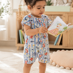 Coastal Picnic | Short Sleeves | Unisex Romper Bodysuit | 100% Cotton Muslin for 0 to 2 Yrs