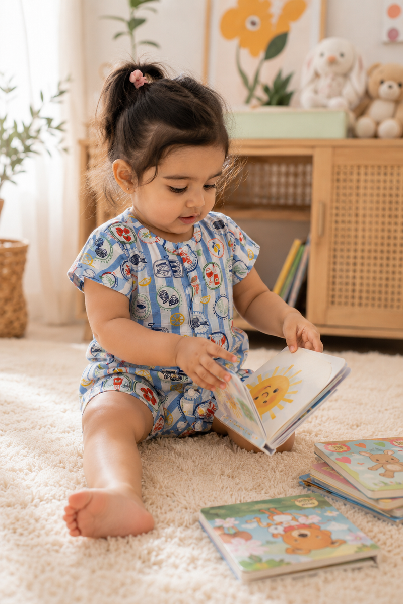 Coastal Picnic | Short Sleeves | Unisex Romper Bodysuit | 100% Cotton Muslin for 0 to 2 Yrs