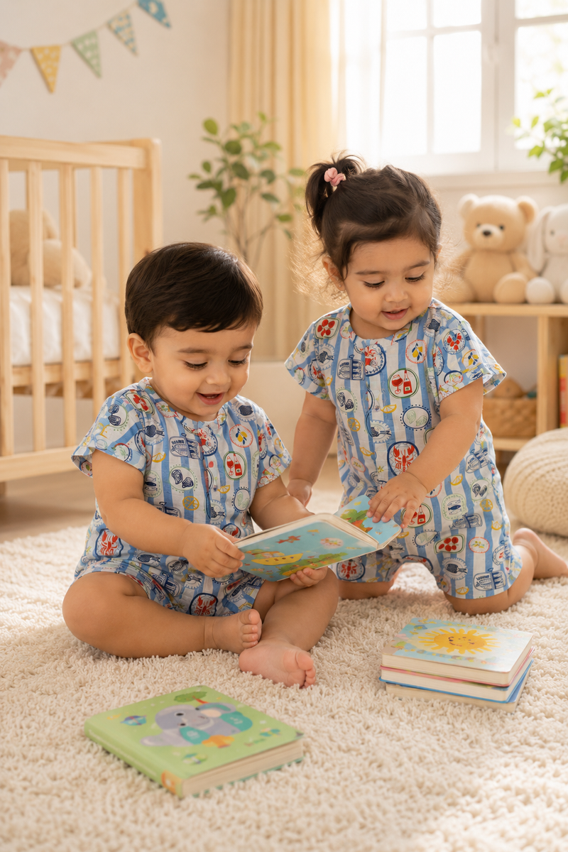 Coastal Picnic | Short Sleeves | Unisex Romper Bodysuit | 100% Cotton Muslin for 0 to 2 Yrs