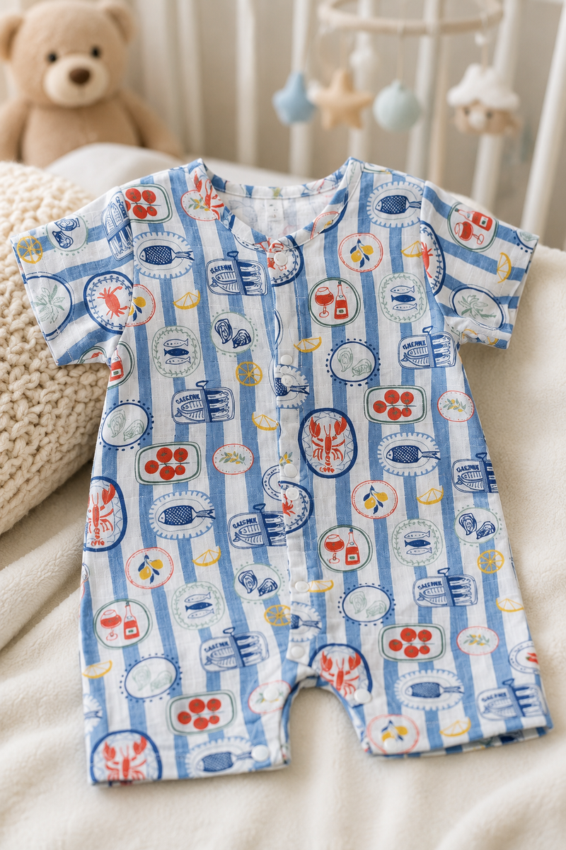 Coastal Picnic | Short Sleeves | Unisex Romper Bodysuit | 100% Cotton Muslin for 0 to 2 Yrs