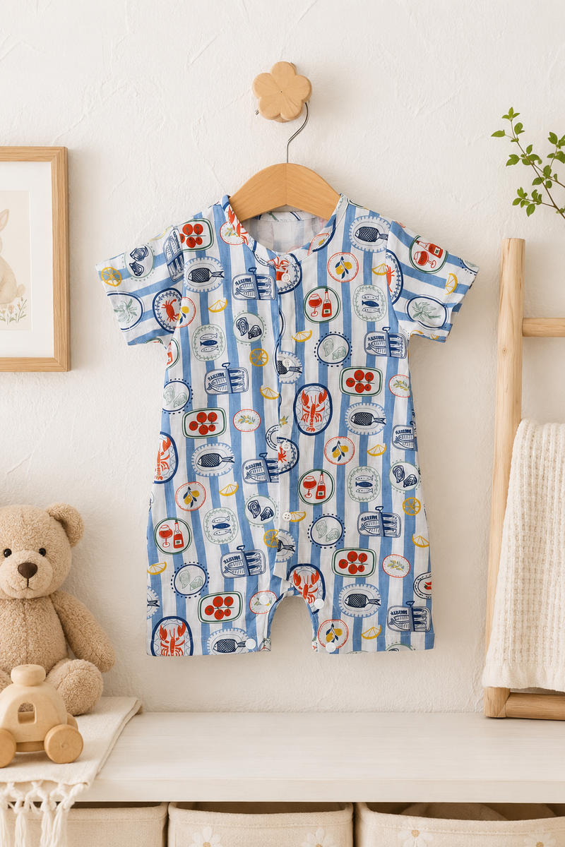 Coastal Picnic | Short Sleeves | Unisex Romper Bodysuit | 100% Cotton Muslin for 0 to 2 Yrs