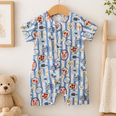 Coastal Picnic | Short Sleeves | Unisex Romper Bodysuit | 100% Cotton Muslin for 0 to 2 Yrs