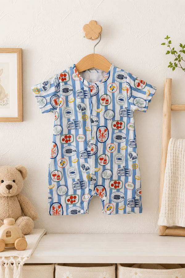 Coastal Picnic | Short Sleeves | Unisex Romper Bodysuit | 100% Cotton Muslin for 0 to 2 Yrs