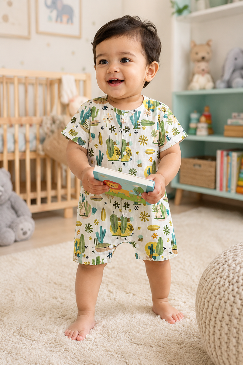 Cactus Green | Short Sleeves | Unisex Romper Bodysuit | 100% Cotton Muslin for 0 to 2 Yrs