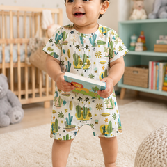 Cactus Green | Short Sleeves | Unisex Romper Bodysuit | 100% Cotton Muslin for 0 to 2 Yrs