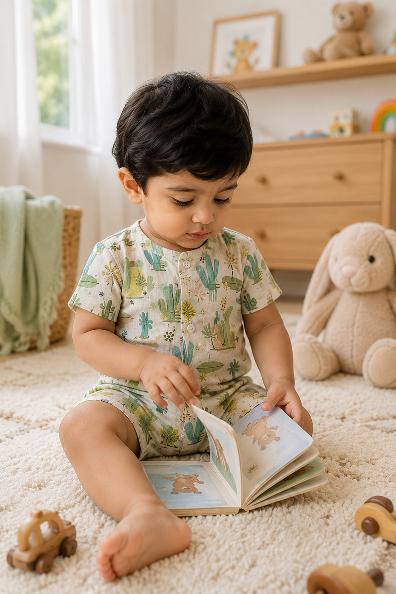 Cactus Green | Short Sleeves | Unisex Romper Bodysuit | 100% Cotton Muslin for 0 to 2 Yrs
