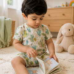 Cactus Green | Short Sleeves | Unisex Romper Bodysuit | 100% Cotton Muslin for 0 to 2 Yrs