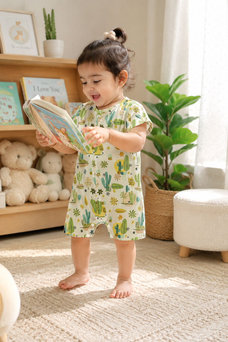 Cactus Green | Short Sleeves | Unisex Romper Bodysuit | 100% Cotton Muslin for 0 to 2 Yrs