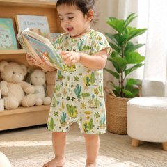 Cactus Green | Short Sleeves | Unisex Romper Bodysuit | 100% Cotton Muslin for 0 to 2 Yrs