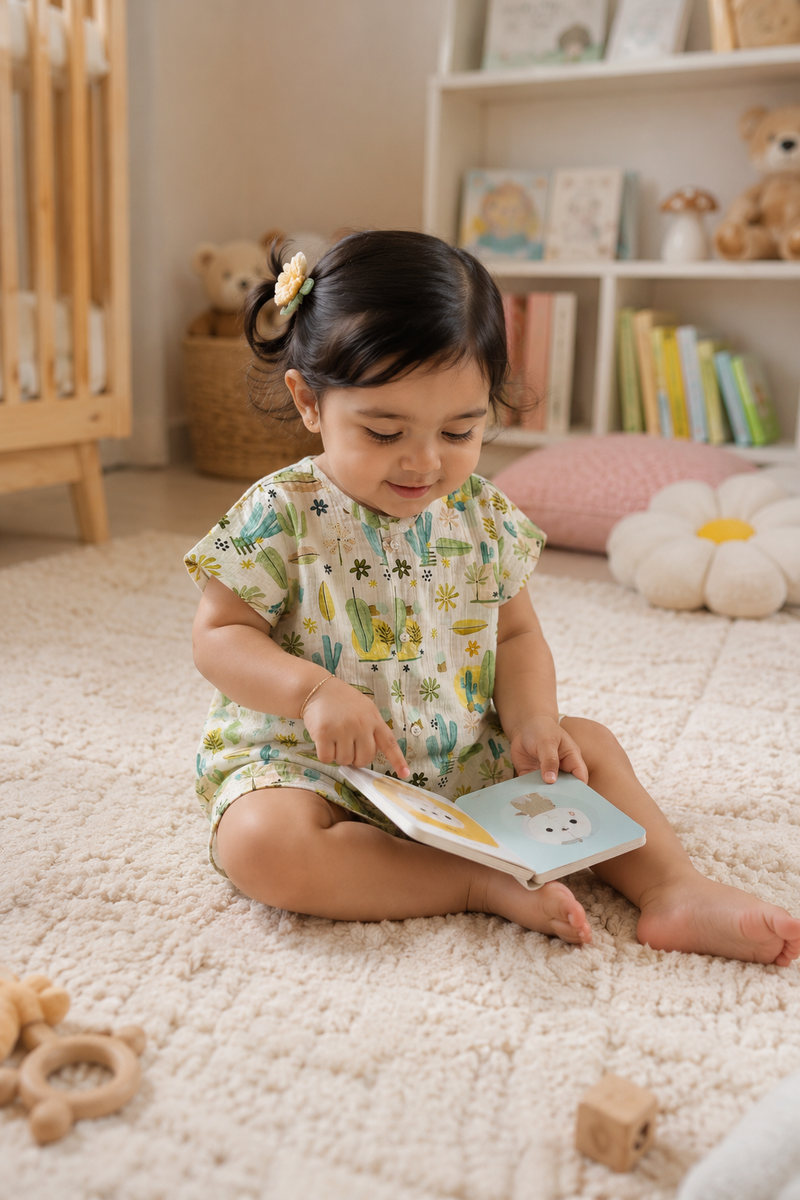 Cactus Green | Short Sleeves | Unisex Romper Bodysuit | 100% Cotton Muslin for 0 to 2 Yrs