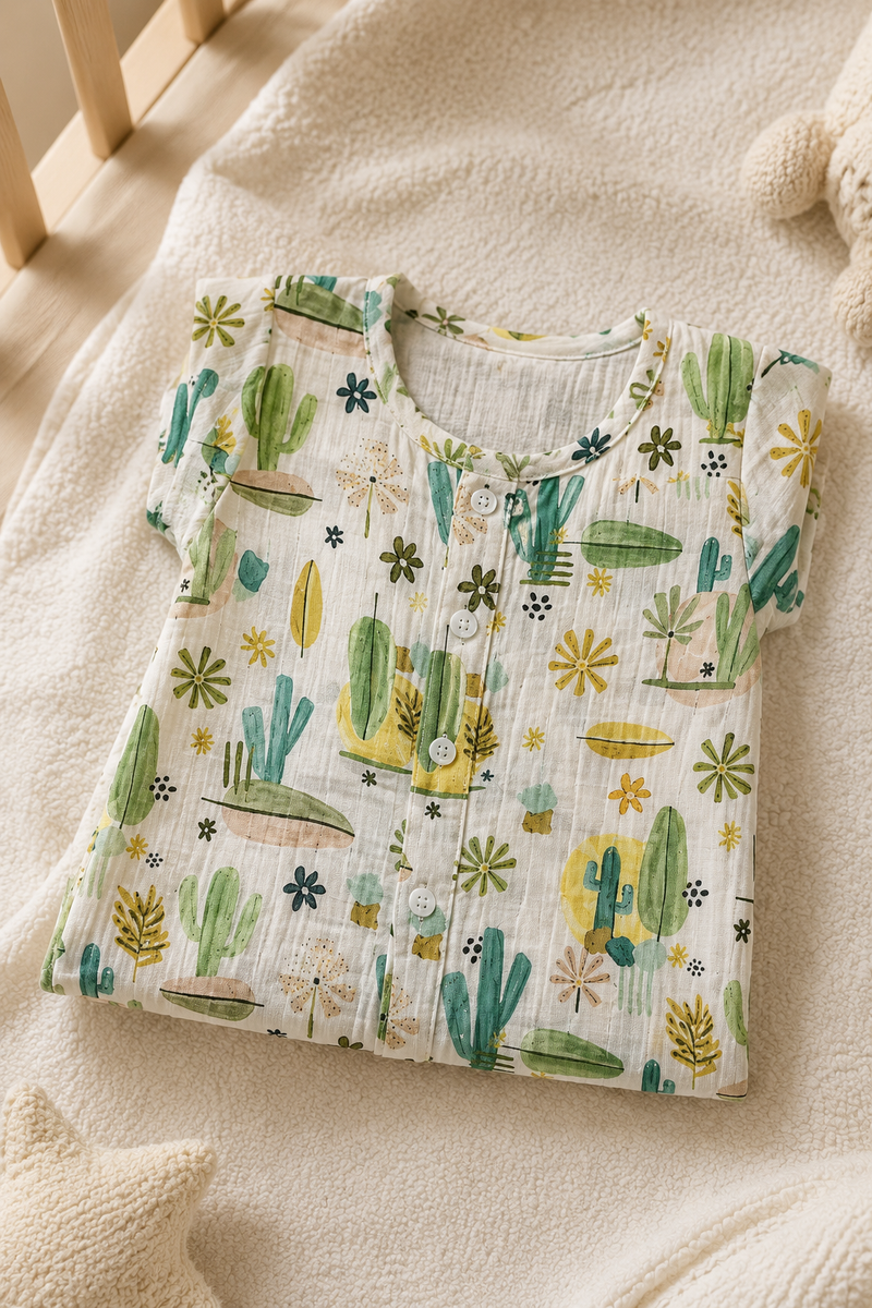 Cactus Green | Short Sleeves | Unisex Romper Bodysuit | 100% Cotton Muslin for 0 to 2 Yrs