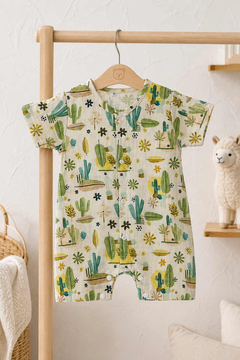 Cactus Green | Short Sleeves | Unisex Romper Bodysuit | 100% Cotton Muslin for 0 to 2 Yrs