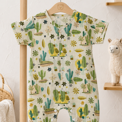 Cactus Green | Short Sleeves | Unisex Romper Bodysuit | 100% Cotton Muslin for 0 to 2 Yrs