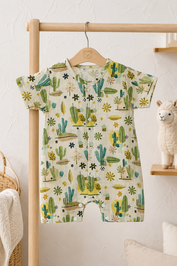 Cactus Green | Short Sleeves | Unisex Romper Bodysuit | 100% Cotton Muslin for 0 to 2 Yrs