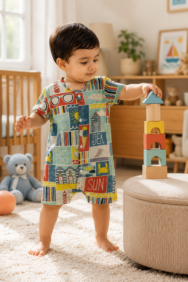 Beach Day | Short Sleeves | Unisex Romper Bodysuit | 100% Cotton Muslin for 0 to 2 Yrs