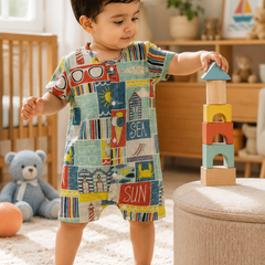 Beach Day | Short Sleeves | Unisex Romper Bodysuit | 100% Cotton Muslin for 0 to 2 Yrs