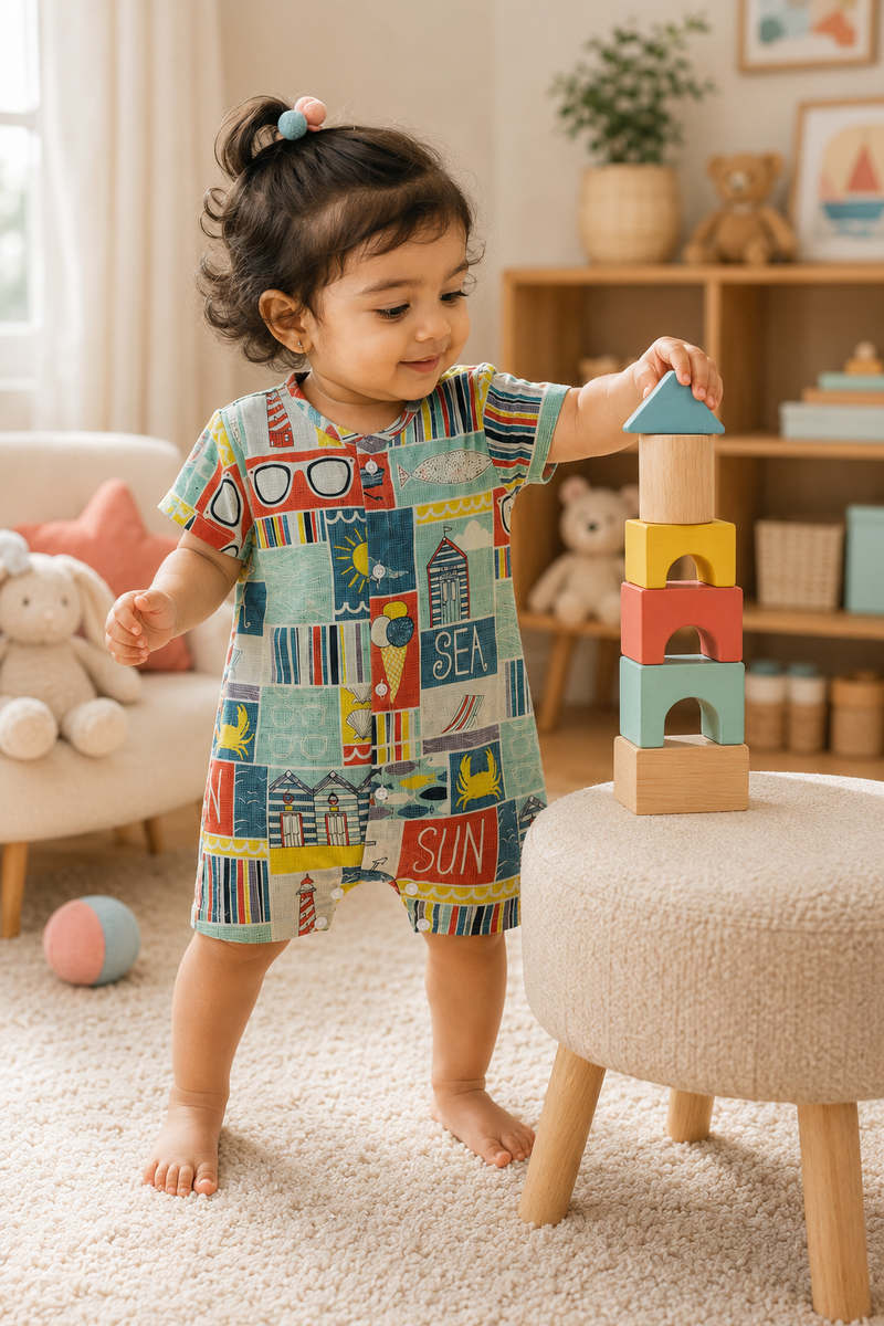 Beach Day | Short Sleeves | Unisex Romper Bodysuit | 100% Cotton Muslin for 0 to 2 Yrs