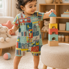 Beach Day | Short Sleeves | Unisex Romper Bodysuit | 100% Cotton Muslin for 0 to 2 Yrs