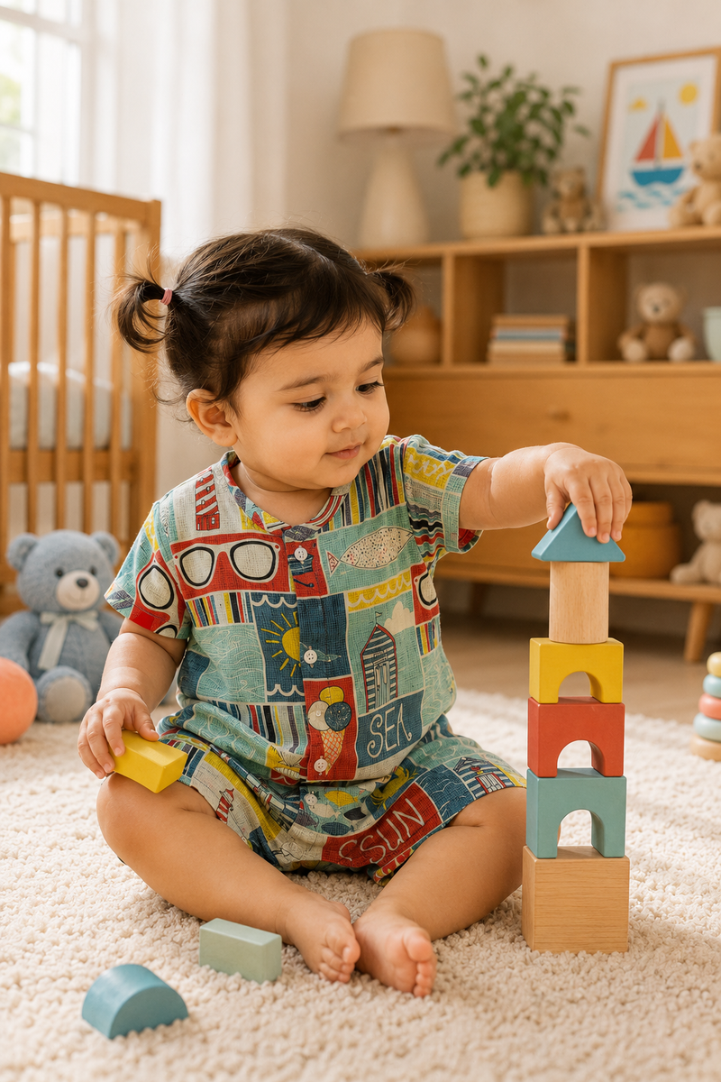 Beach Day | Short Sleeves | Unisex Romper Bodysuit | 100% Cotton Muslin for 0 to 2 Yrs