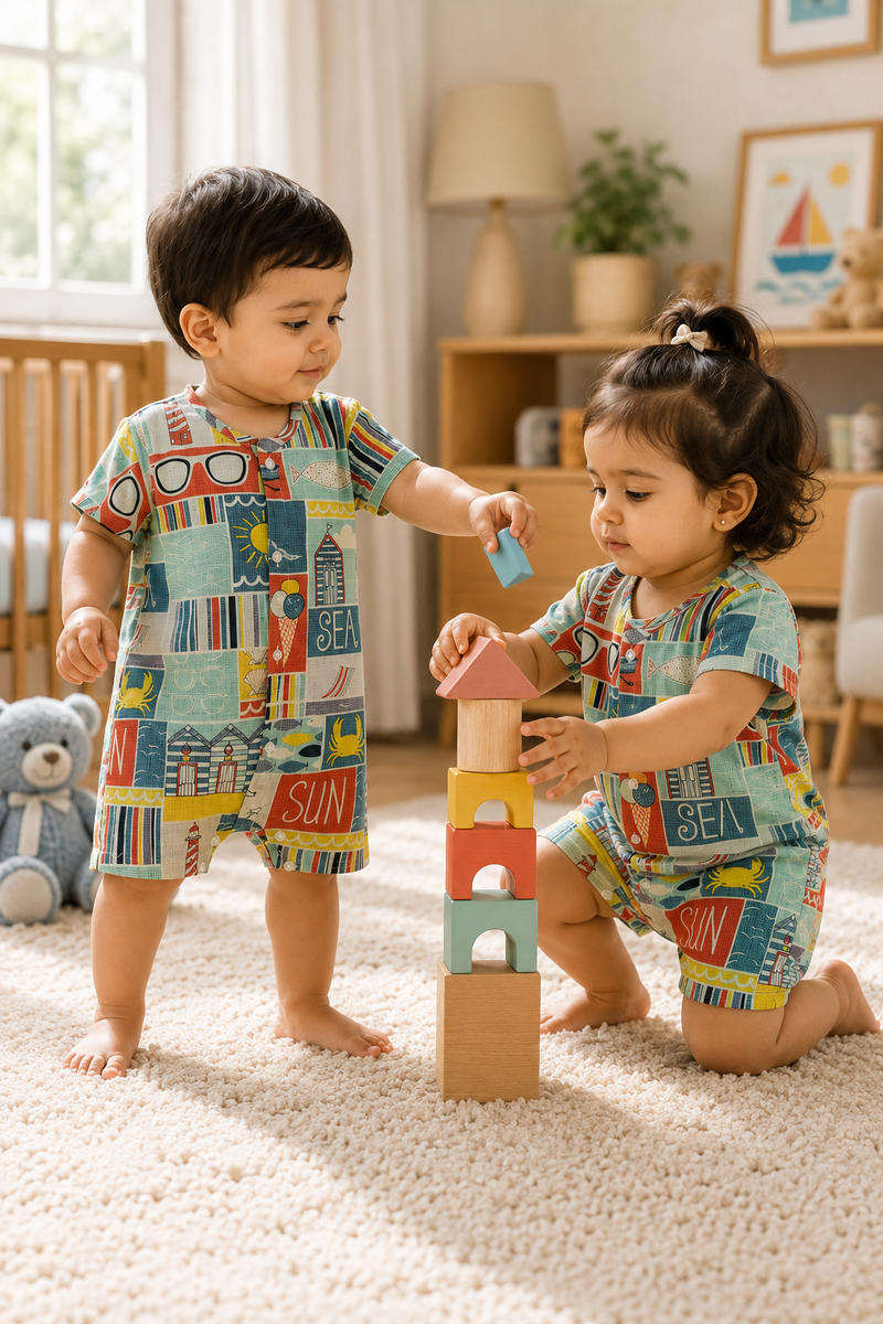 Beach Day | Short Sleeves | Unisex Romper Bodysuit | 100% Cotton Muslin for 0 to 2 Yrs